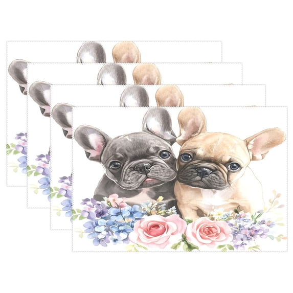 Ryvnso Placemats Set of 4 Pug Dog Flowers Dining Mats Heat-Resistant Non-Slip Washable Table Mat