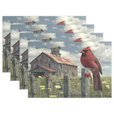 Ryvnso Placemats Set of 4 Red Bird Farm House Dining Mats Heat-Resistant Non-Slip Washable Table Mat