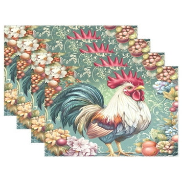 Ryvnso Placemats Set of 4 Rooster Floral Dining Mats Heat-Resistant Non-Slip Washable Table Mat