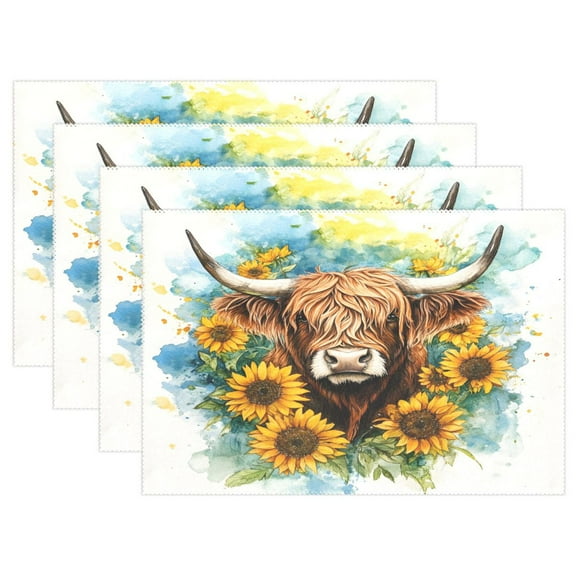 Ryvnso Placemats Set of 4 Watercolor Highland Cattle Dining Mats Heat-Resistant Non-Slip Washable Table Mat