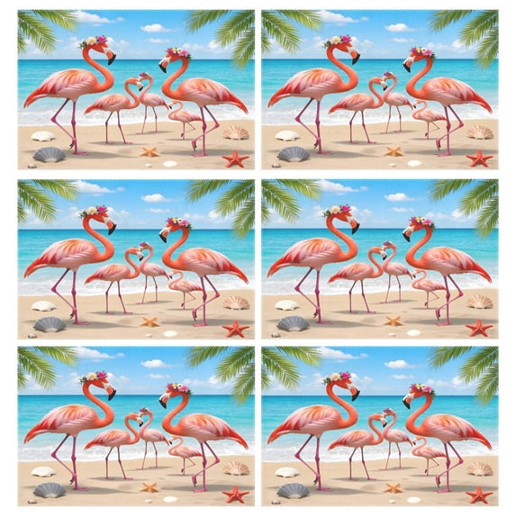 Ryvnso Placemats Set of 6 Flamingo on Beach Dining Mats Heat-Resistant Non-Slip Washable Table Mat