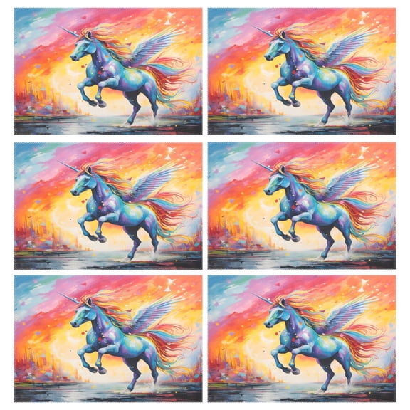 Ryvnso Placemats Set of 6 Unicorn Flying in Rainbow Dining Mats Heat-Resistant Non-Slip Washable Table Mat
