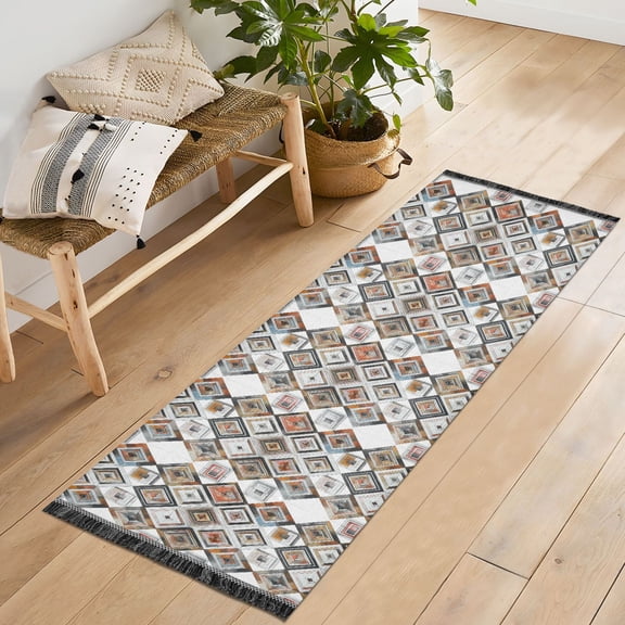 Ryvnso Plaid Checkered Geometric Pattern Bedroom Runner Rug 2'x6' Hallway Area Carpet Non Slip Entryway Mat with Tassels
