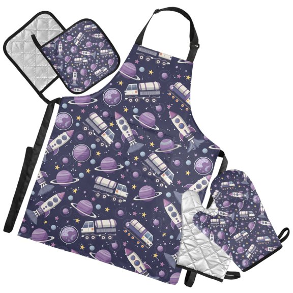 Ryvnso Planet Space Stars Kitchen Apron Oven Mitts Set Pot Holders