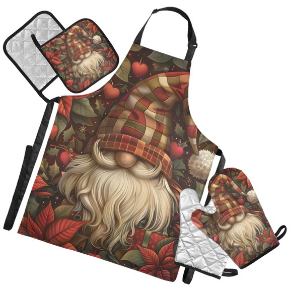 Ryvnso Poinsettia Gnomes Kitchen Apron Oven Mitts Set Pot Holders