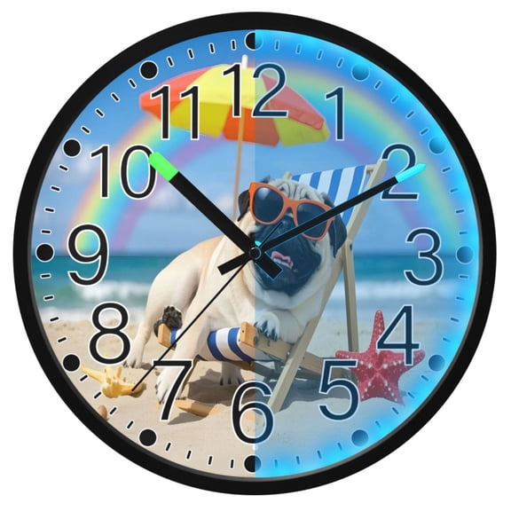 Ryvnso Pug Dog Beach 12 Inch Night Light Wall Clock Silent Battery Operated Luminous Clocks
