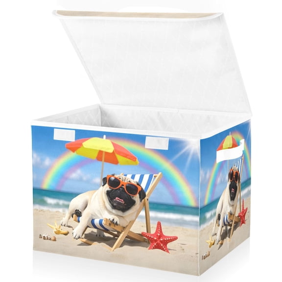 Ryvnso Pug Dog Beach Large Lidded Foldable Storage Baskets Cubes Boxes Lids Bin for Home