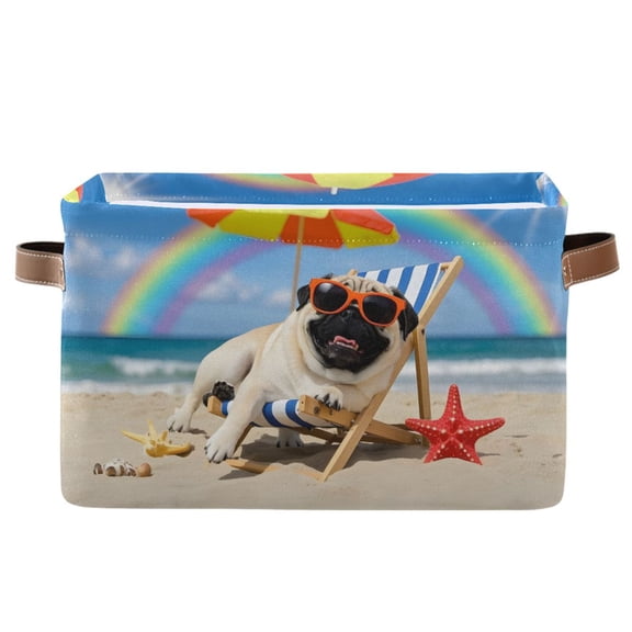 Ryvnso Pug Dog Beach Storage Basket Large Bin Foldable Boxes Toys Organizer 14.2x10.2x8.3in 1 PC
