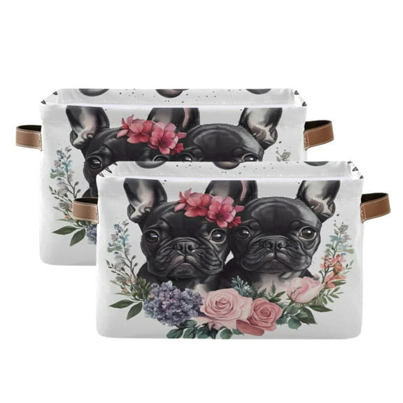 Ryvnso Pug Dog Flower Storage Basket Large Bin Foldable Boxes Toys Organizer 14.2x10.2x8.3in 2 PCs