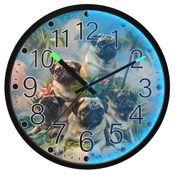 Ryvnso Pug Dog on Island 12 Inch Night Light Wall Clock Silent Battery Operated Luminous Clocks