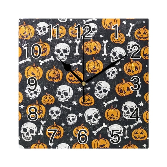 Ryvnso Pumpkin Skeleton Halloween Wall Clock Square Silent Non-Ticking Battery Operated 7.78"