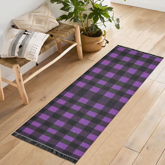 Ryvnso Purple Checkered Grid Pattern Bedroom Runner Rug 2'x6' Hallway Area Carpet Non Slip Entryway Mat with Tassels
