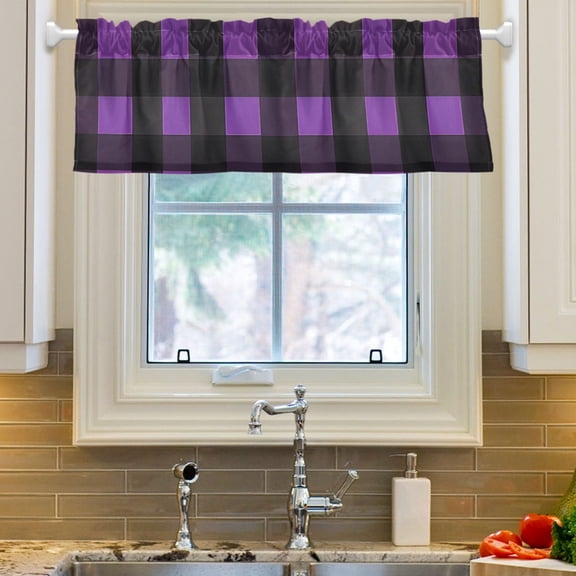 Ryvnso Purple Checkered Grid Pattern Window Valance Kitchen Farmhouse Rod Pocket Short Curtain 54x18 inch