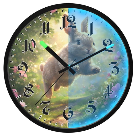 Ryvnso Rabbit Running in Forest 12 Inch Night Light Wall Clock Luminous Silent Battery Operate Clocks