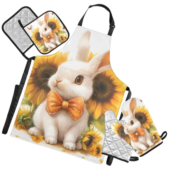 Ryvnso Rabbit Sunflower Kitchen Apron Oven Mitts Set Pot Holders