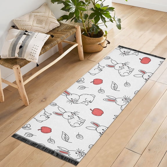 Ryvnso Rabbit and Apple Hand Draw Bedroom Runner Rug 2'x6' Hallway Area Carpet Non Slip Entryway Mat with Tassels