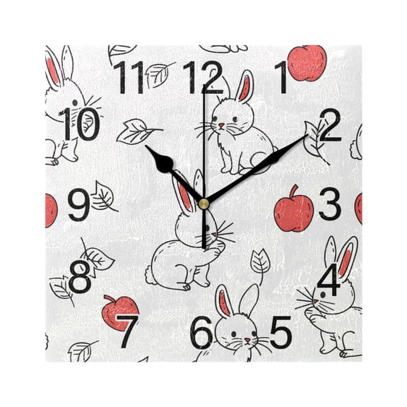 Ryvnso Rabbit and Apple Hand Draw Wall Clock Square Silent Non-Ticking Battery Operated 7.78"