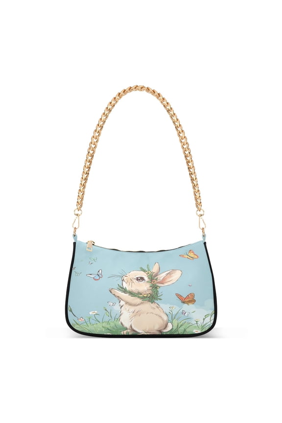 Rabbit and Butterflies Floral Womens Chain Shoulder Bag Tote Handbags Clutch Hobo Purse with Zipper for Travel