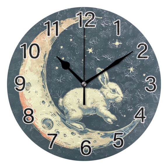Ryvnso Rabbit on Moon Wall Clock Non Ticking Silent Kitchen Clock Battery Operated Clocks 10 inch