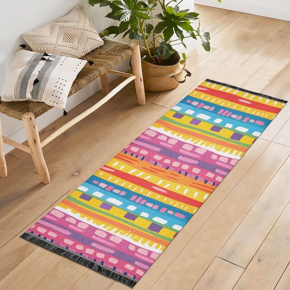 Ryvnso Rainbow Geometric Lines Hand Drawn Flat Cartoon Style Bedroom Runner Rug 2'x6' Hallway Area Carpet Non Slip Entryway Mat with Tassels