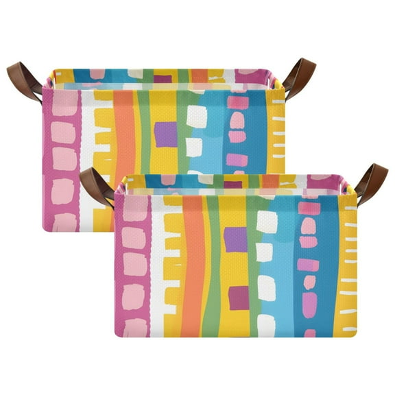 Ryvnso Rainbow Geometric Lines Hand Drawn Flat Cartoon Style Storage Bins Large Basket Foldable Cube Toys Organizer with Handles 2 PCs