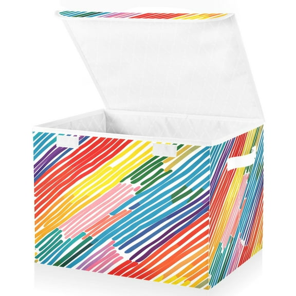 Ryvnso Rainbow Geometric Stripes Print Large Lidded Foldable Storage Baskets Cubes Boxes Lids Bin for Home
