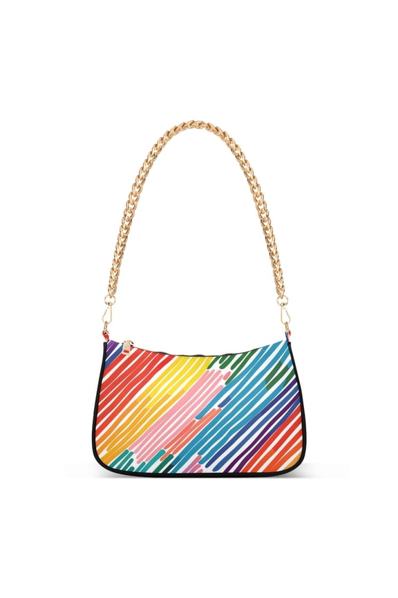 Rainbow Geometric Stripes Print Womens Chain Shoulder Bag Tote Handbags Clutch Hobo Purse with Zipper for Travel