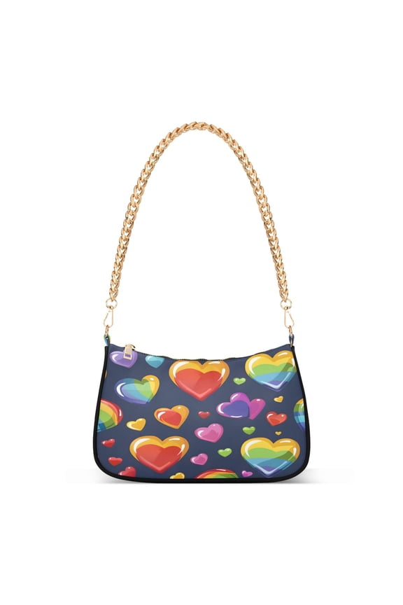 Rainbow Hearts Womens Chain Shoulder Bag Tote Handbags Clutch Hobo Purse with Zipper for Travel