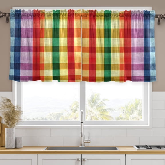 Ryvnso Rainbow Stripe Checkered Curtains Sets Short Curtain Rod Pocket Half Window Cafe Farmhouse Tier 2 Panels 57"W x 24"L