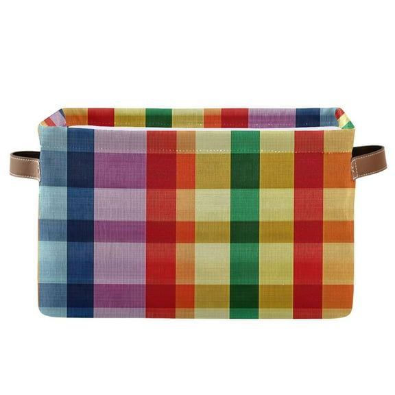 Ryvnso Rainbow Stripe Checkered Storage Basket Large Bin Foldable Boxes Toys Organizer 14.2x10.2x8.3in 1 PC