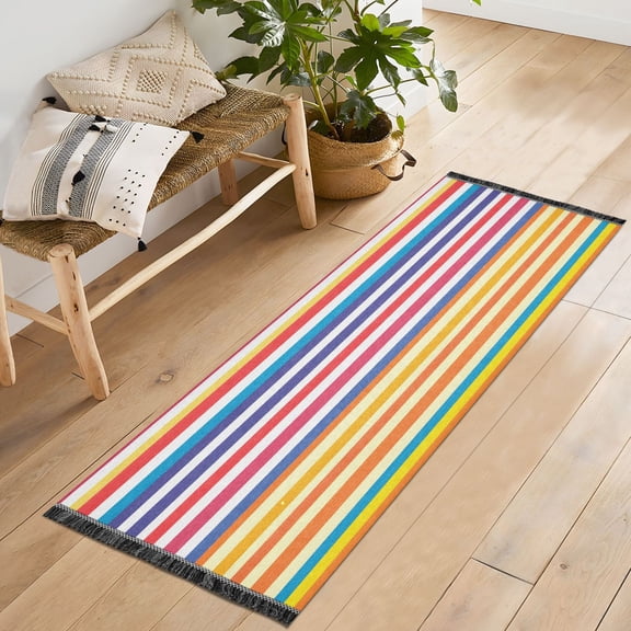 Ryvnso Rainbow Stripes Bedroom Runner Rug 2'x6' Hallway Area Carpet Non Slip Entryway Mat with Tassels