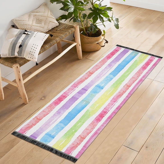 Ryvnso Rainbow Stripes Bedroom Runner Rug 2'x6' Hallway Area Carpet Non Slip Entryway Mat with Tassels