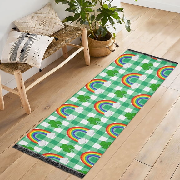 Ryvnso Rainbow on Checkered Bedroom Runner Rug 2'x6' Hallway Area Carpet Non Slip Entryway Mat with Tassels