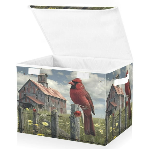 Ryvnso Red Bird Farm House Large Lidded Foldable Storage Baskets Cubes Boxes Lids Bin for Home