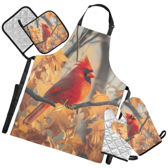 Ryvnso Red Cardinal in Autumn Kitchen Apron Oven Mitts Set Pot Holders