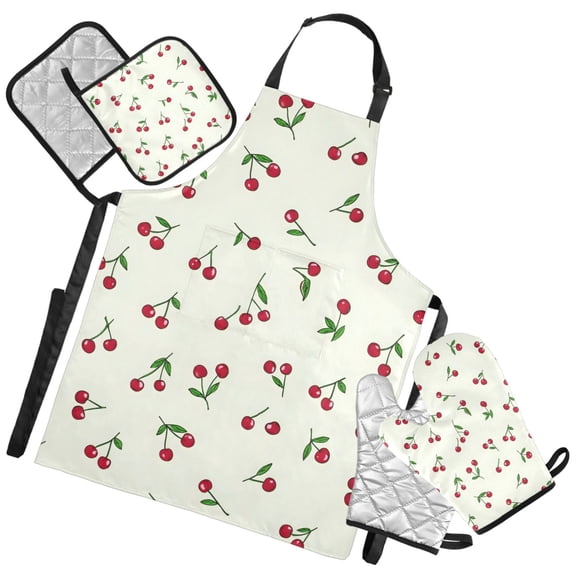 Ryvnso Red Cherries Kitchen Apron Oven Mitts Set Pot Holders