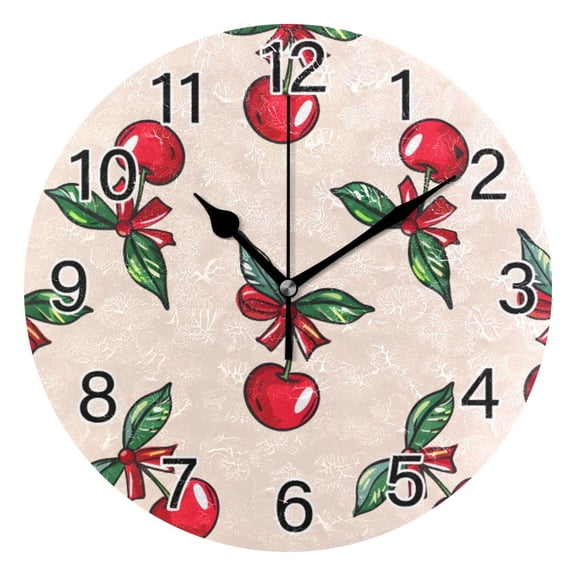 Ryvnso Red Cherry with Leaf Wall Clock Non Ticking Silent Kitchen Clock Battery Operated Clocks 10 inch