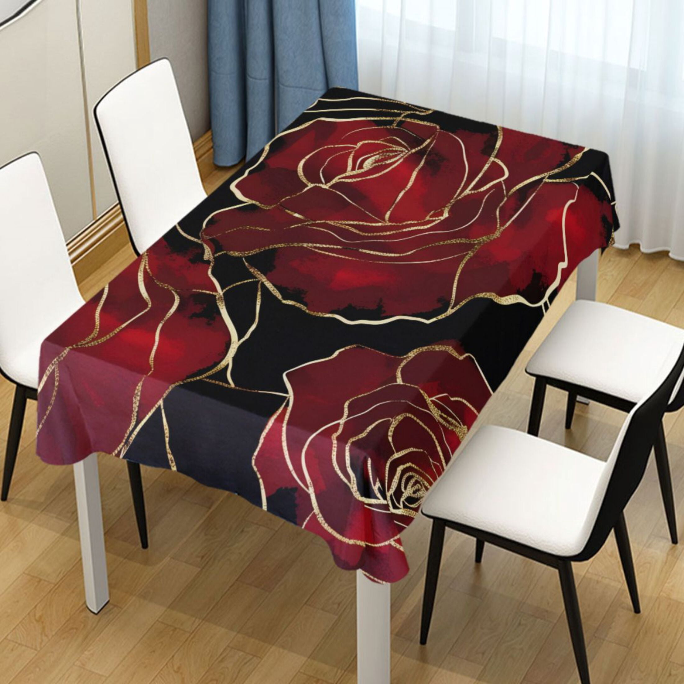 Ryvnso Red Rose Flower with Gold Rectangle Table Cloth Tablecover ...