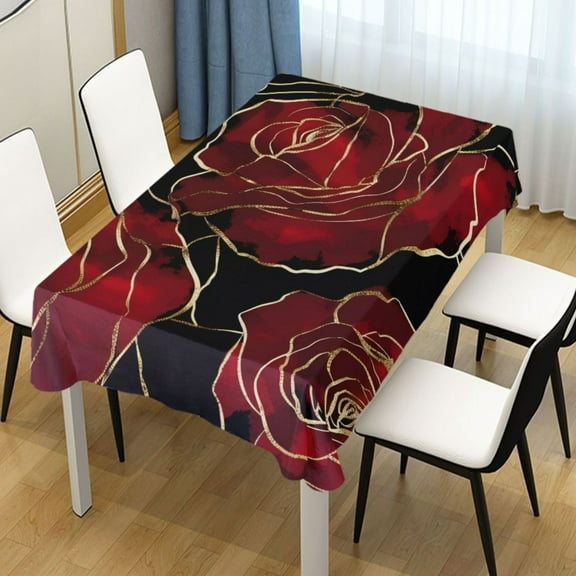 Ryvnso Red Rose Flower with Gold Rectangle Table Cloth Tablecover Dinning Tablecloth 54"x72"