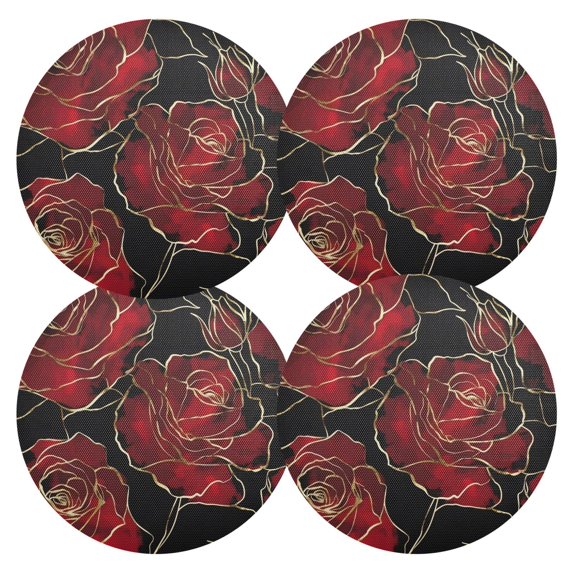 Ryvnso Red Rose Flower with Gold Round Plate Mats Dining Table Placemat Set of 4 for Holiday Decoration