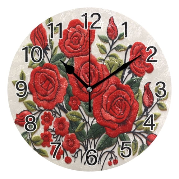 Ryvnso Red Roses Flowers Wall Clock Non Ticking Silent Kitchen Clock Battery Operated Clocks 10 inch