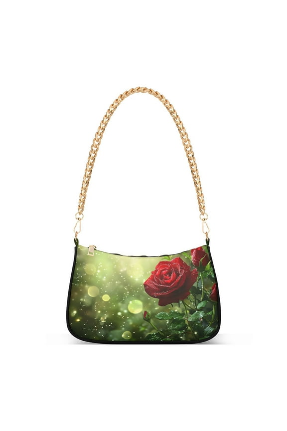 Red Roses Flowers Womens Chain Shoulder Bag Tote Handbags Clutch Hobo Purse with Zipper for Travel