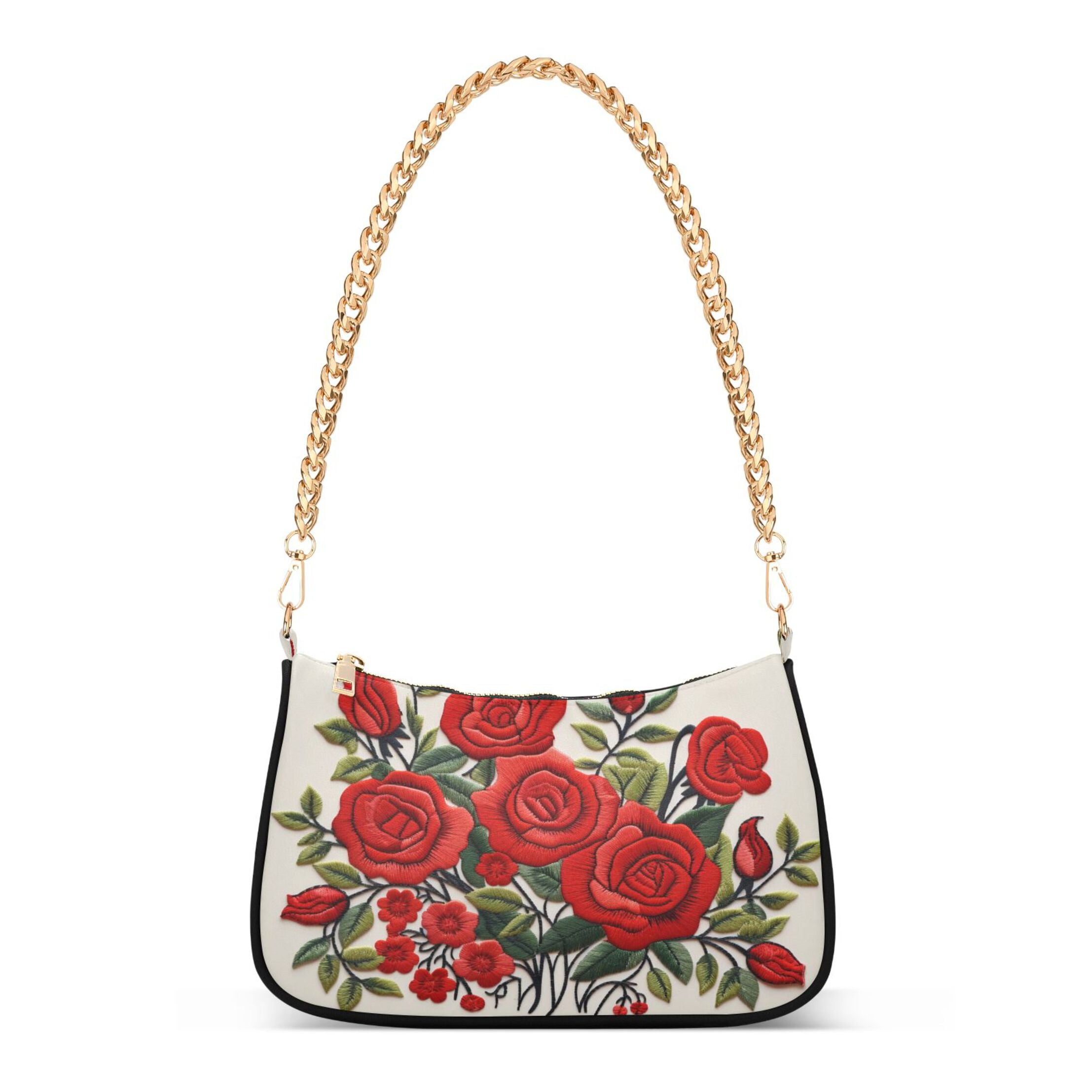 Ryvnso Red Roses Flowers Womens Chain Shoulder Bag Tote Handbags Clutch Hobo Purse with Zipper for Travel