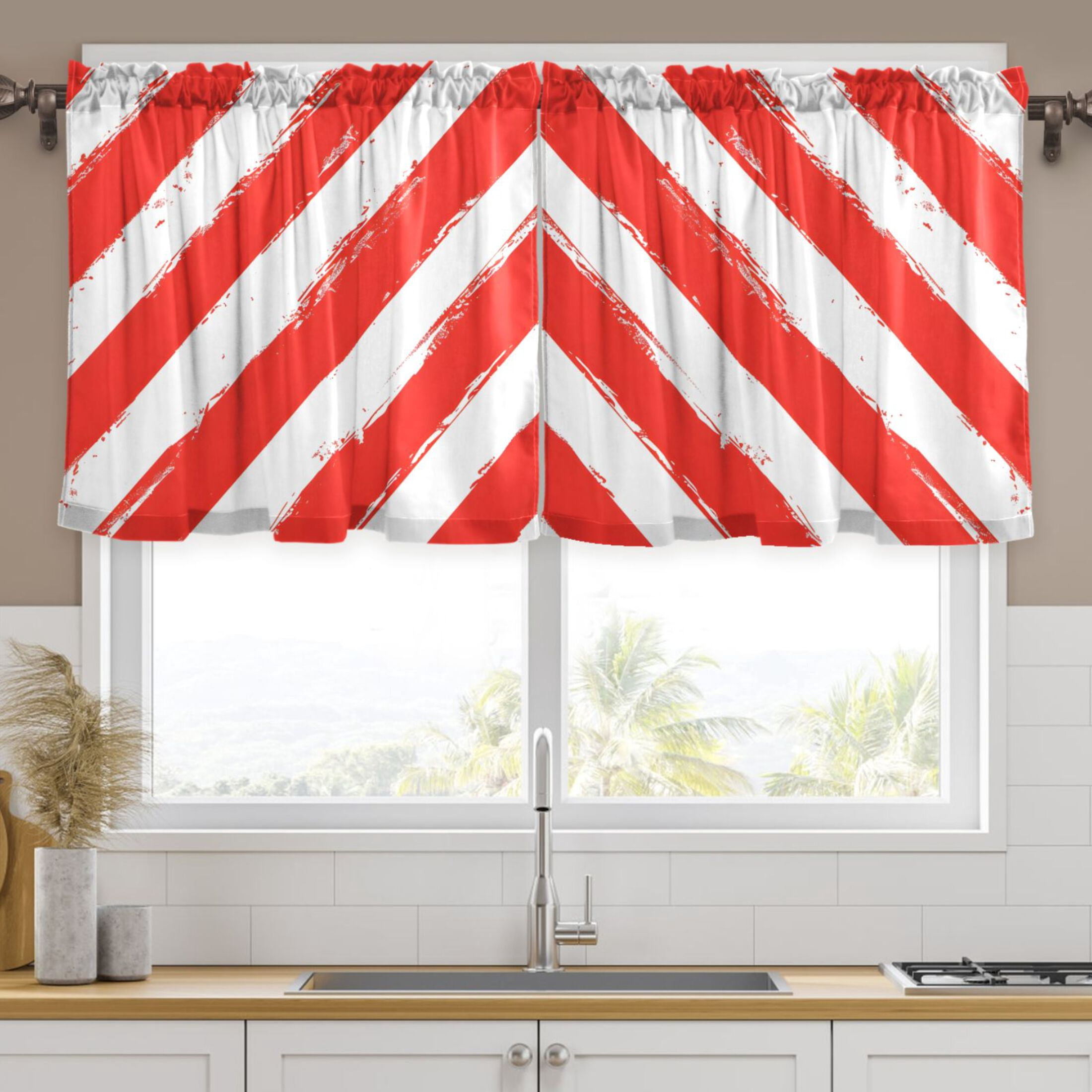 Ryvnso Red and White Art Stripes Curtains Sets Short Curtain Rod Pocket
