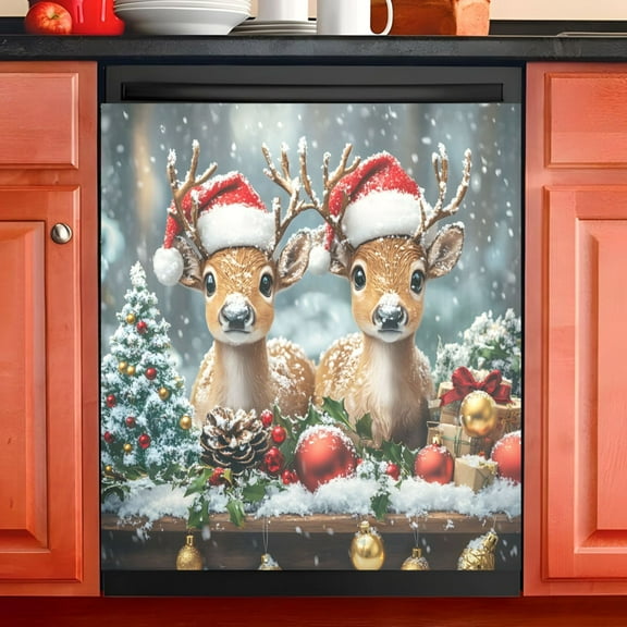 Ryvnso Reindeer with Santa Claus Hats Dishwasher Magnetic Refrigerator Magnet Cover Kitchen Home Decorative 23"x26"