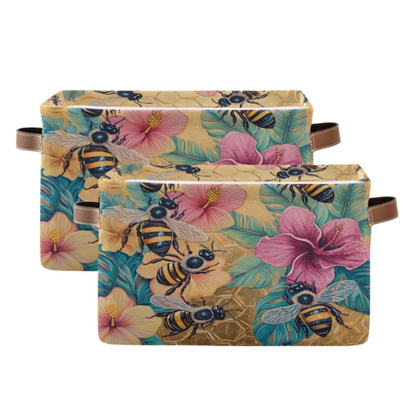 Ryvnso Retro Bee Flower Storage Basket Large Bin Foldable Boxes Toys Organizer 14.2x10.2x8.3in 2 PCs