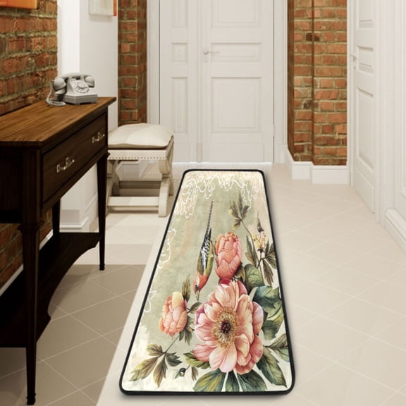 Ryvnso Retro Bird Peony Flower Hallway Runner Rugs Floor Carpet Non Slip Entryway Mat 2' x 6'