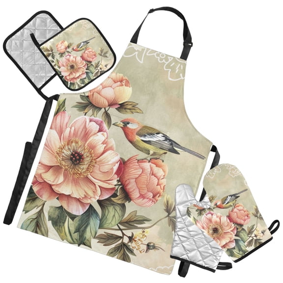 Ryvnso Retro Bird Peony Flower Kitchen Apron Oven Mitts Set Pot Holders