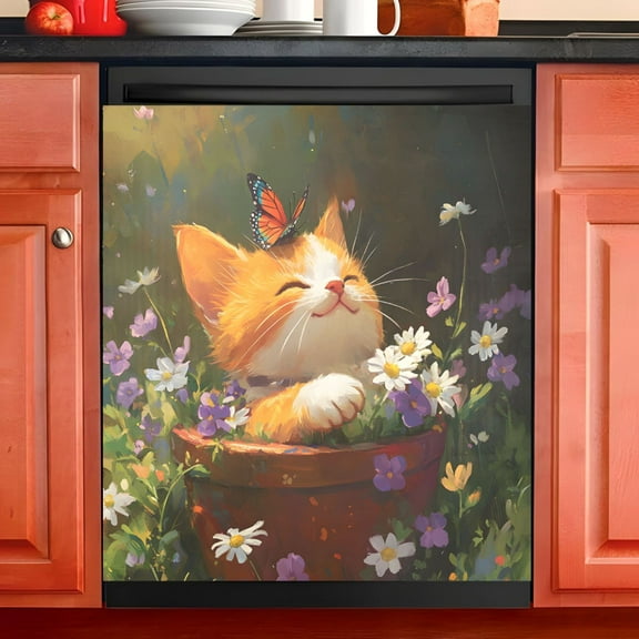 Ryvnso Retro Cute Cat Dishwasher Magnetic Refrigerator Magnet Cover Kitchen Home Decorative 23"x26"