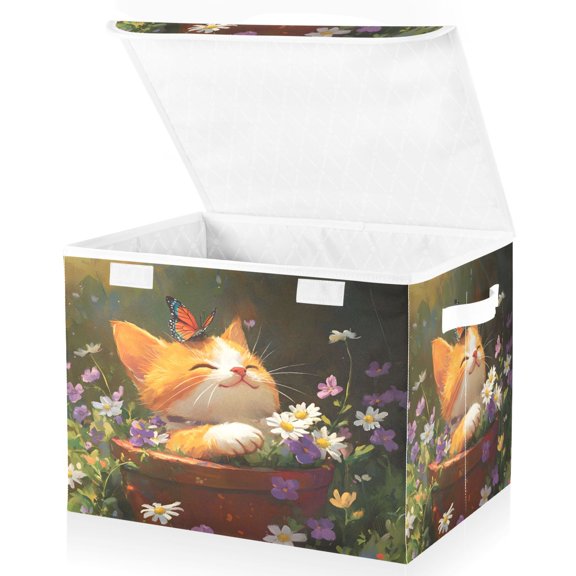 Ryvnso Retro Cute Cat Large Lidded Foldable Storage Baskets Cubes Boxes Lids Bin for Home
